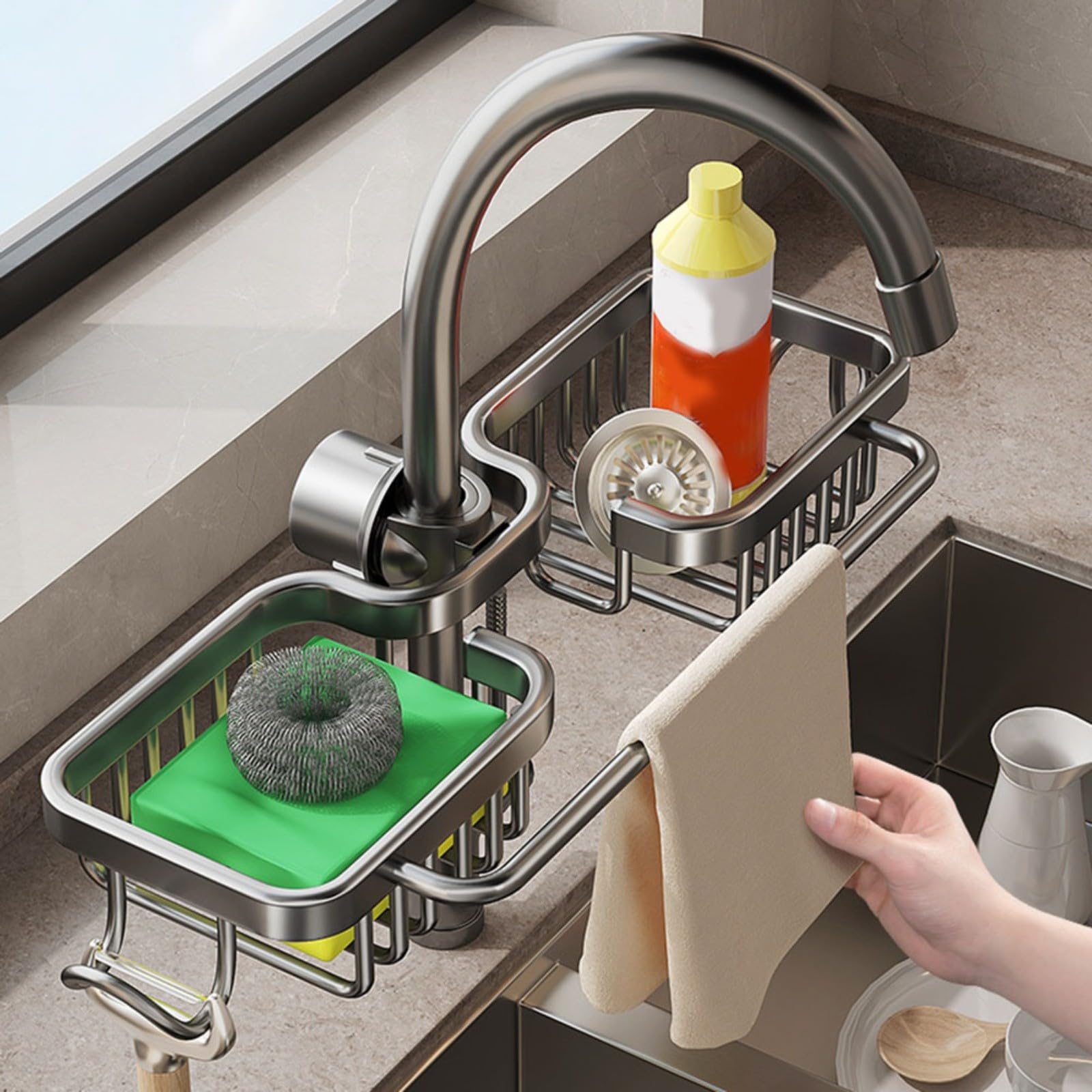 Home: Double Faucet Rack Holder, Sink Caddy Organizer Kitchen & Bathroom