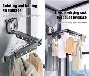 Home: Suction Wall Mount 2 Folds Retractable Aluminum Clothes Rack, Hangers
