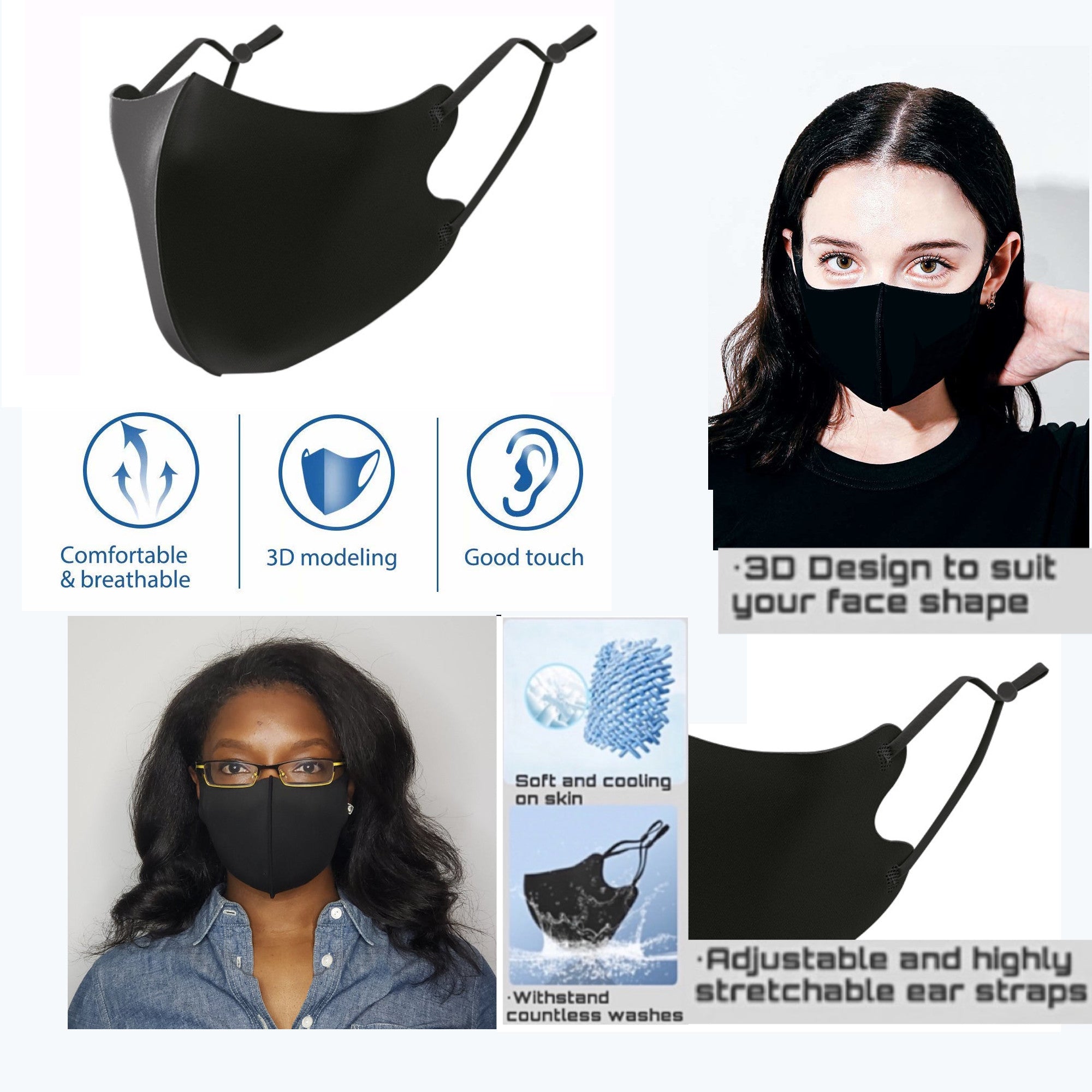 Masks: Ice Cooling Microfibre Washable Adjustable 3D Mask with KN95 Filter (3+3pcs) - Black